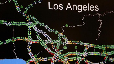  a regional map of traffic flow from sensors on Los Angeles County freeways is seen on a computer screen at the Los Angeles Regional Transportation Management Center in Los Angeles. Free-flowing traffic seen as green dots, with yellow and red dots indicating slowing to very slow traffic. The grey dots represent inoperative traffic sensors. About one-third of traffic sensors that Caltrans operates on highways statewide do not work. There are various reasons for this, including equipment failure, copper wire theft and construction projects that sever the systems locally.